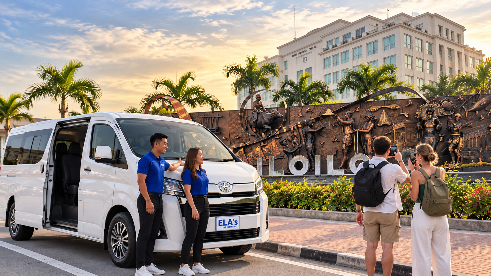Two ELA's staff beside a white van as travellers photograph the Iloilo sign