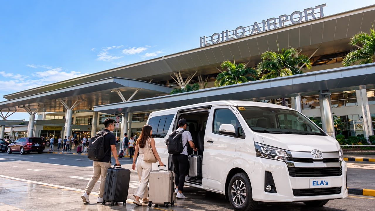 Travellers with suitcases boarding a white ELA's van outside Iloilo Airport