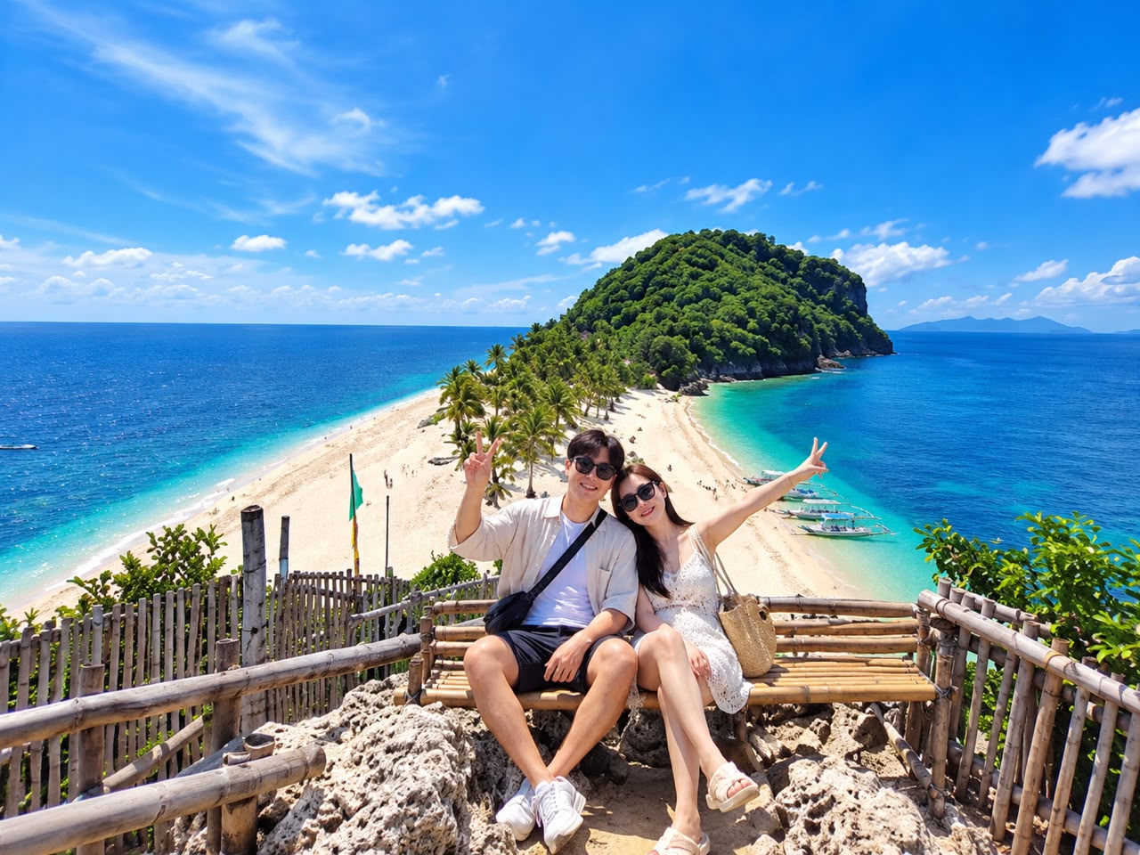 A couple at a viewpoint above a white sandbar and a green island in the Gigantes Islands