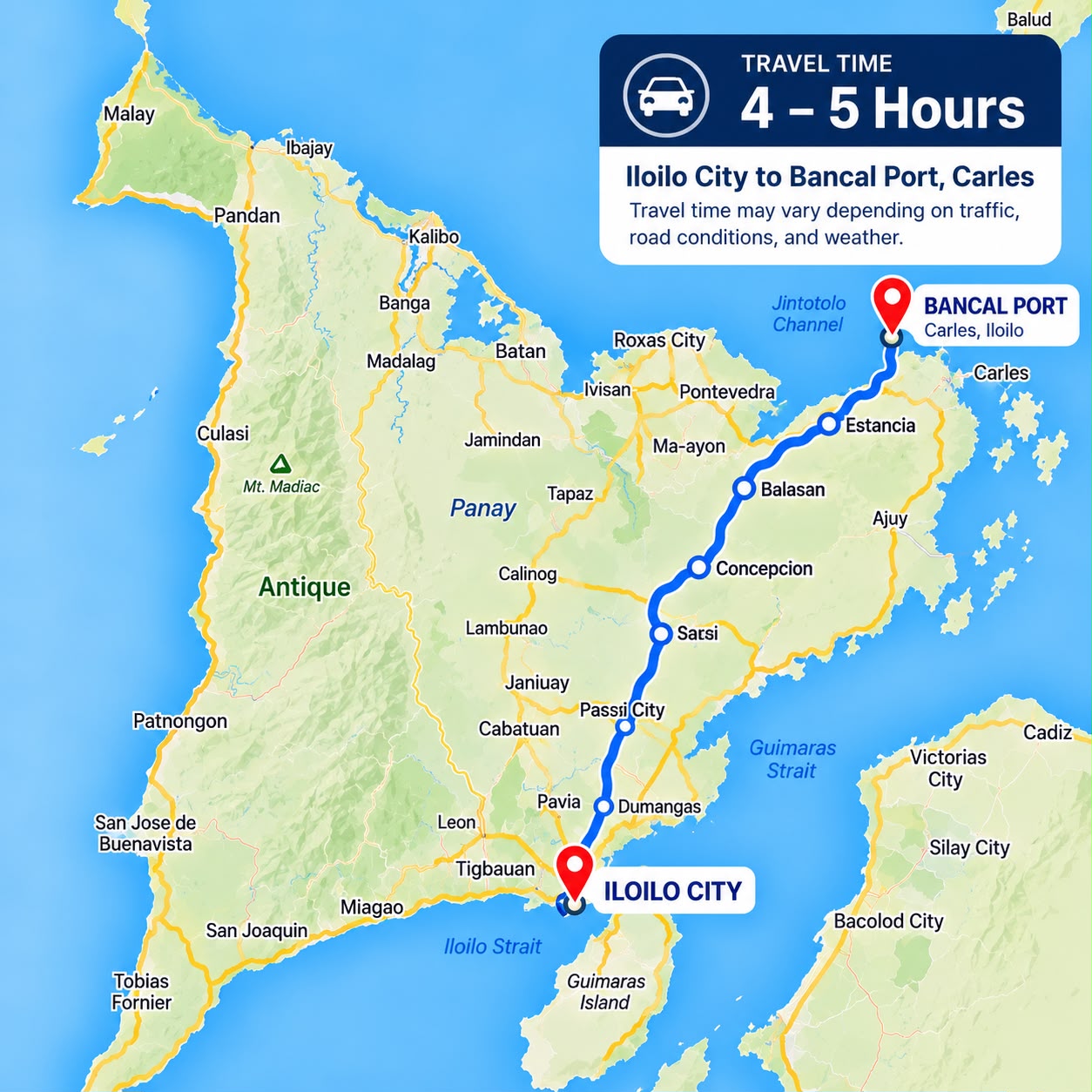 Map of the drive from Iloilo City to Bancal Port, Carles, about 4 to 5 hours