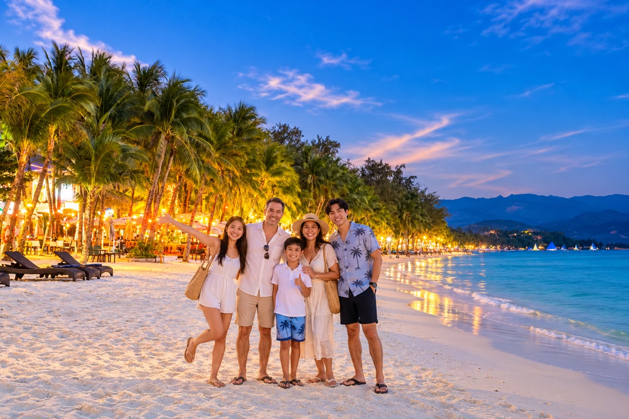 A family on Boracay's White Beach at dusk