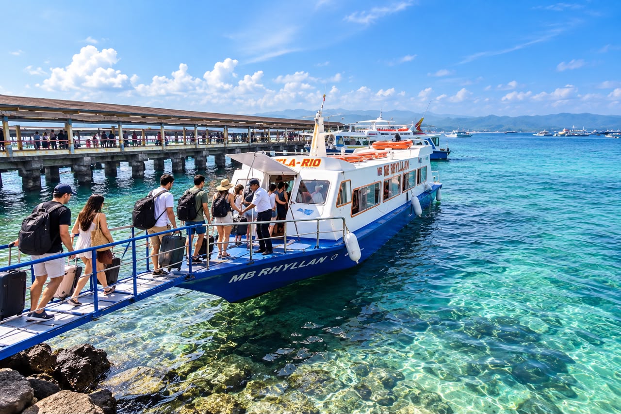 Travellers with luggage boarding a boat at the jetty