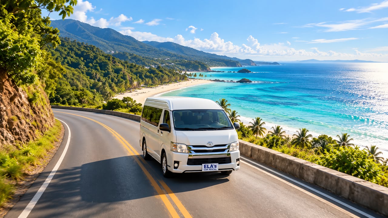 A white ELA's van on a coastal road above the sea