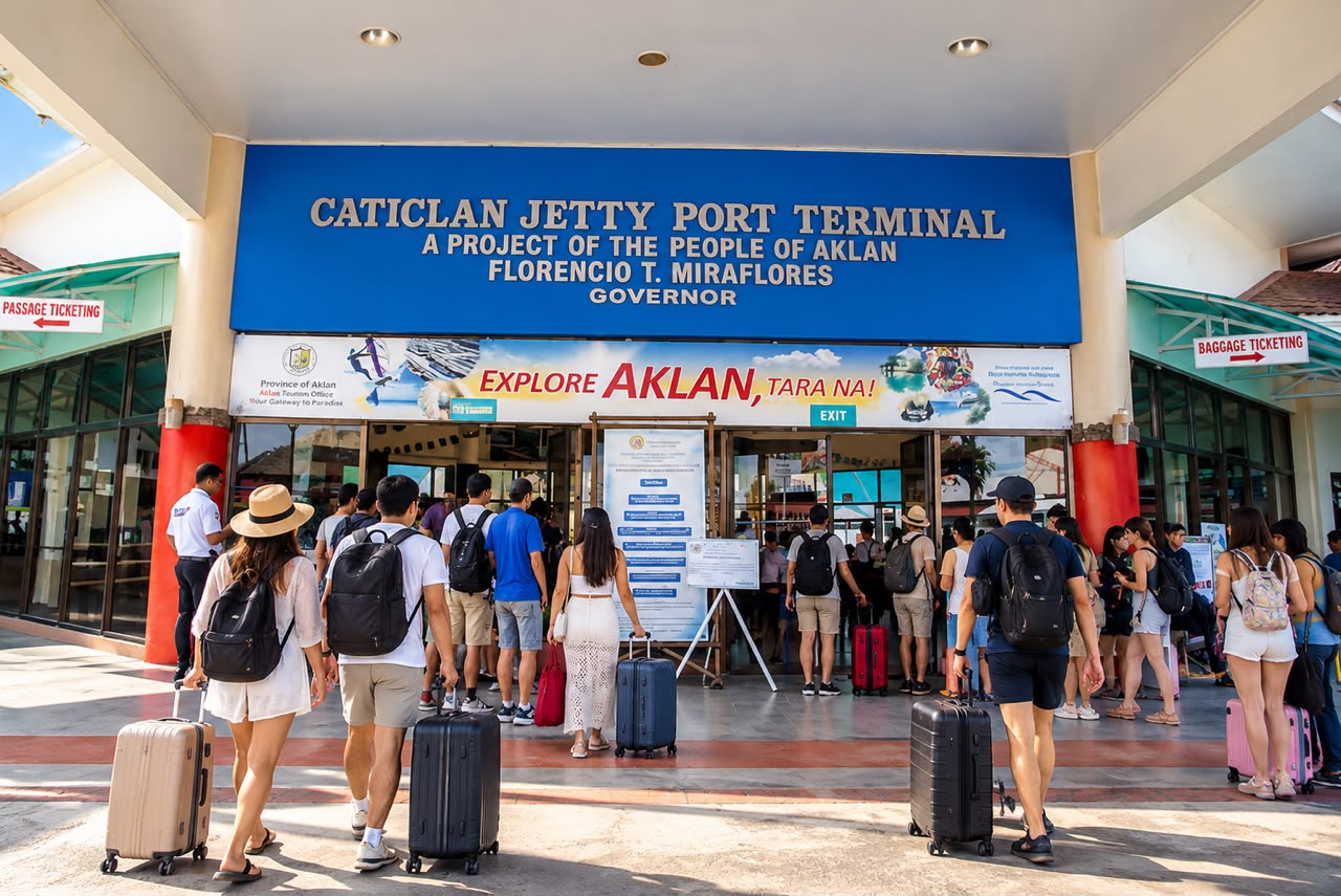 Travellers with suitcases at the Caticlan Jetty Port Terminal