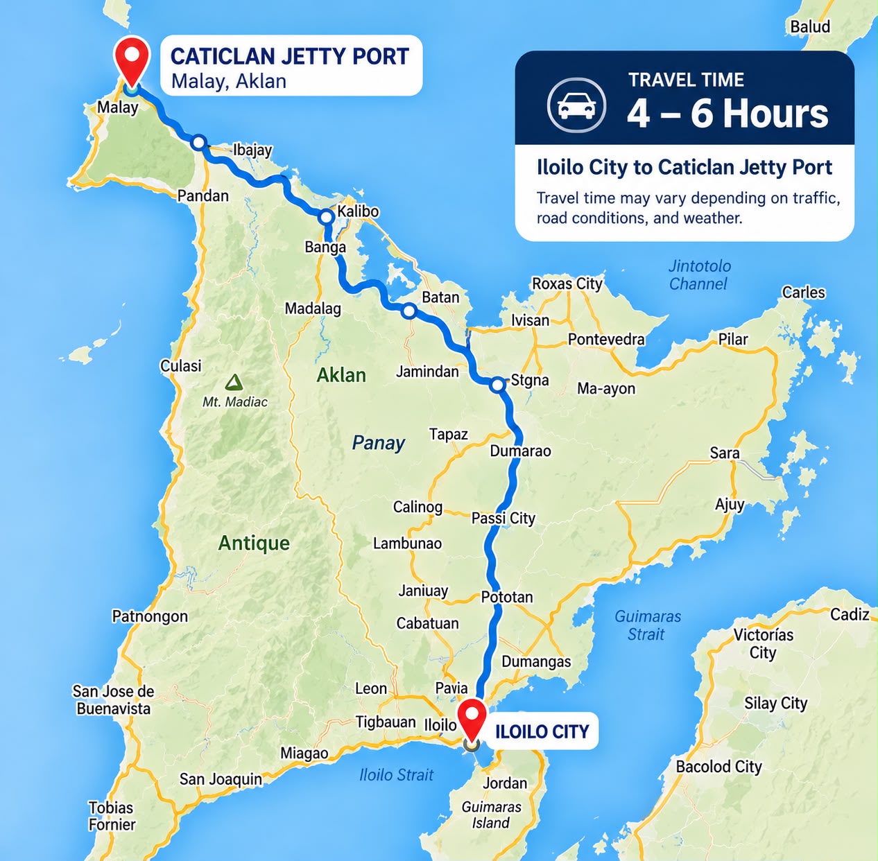 Map of the drive from Iloilo City to Caticlan Jetty Port, about 4 to 6 hours