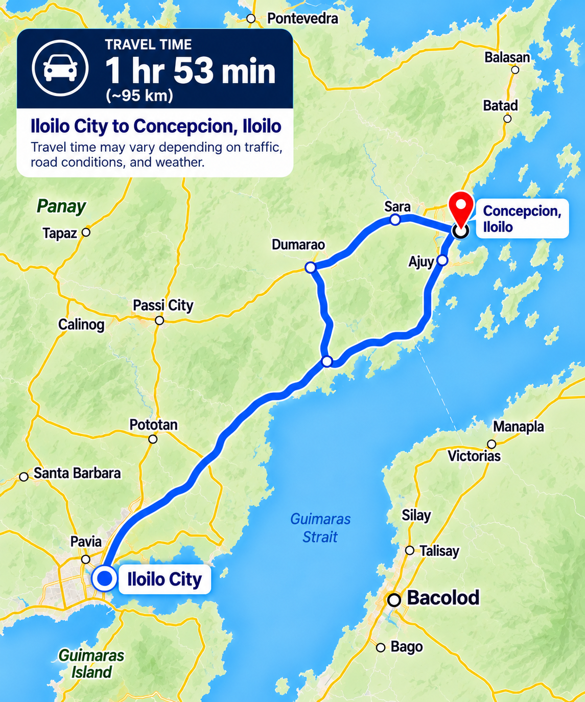Map of the drive from Iloilo City to Concepcion, Iloilo, about 1 hr 53 min (~95 km)