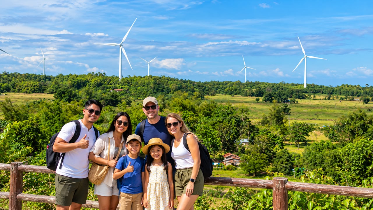 A family at a viewpoint with the Guimaras wind turbines behind them