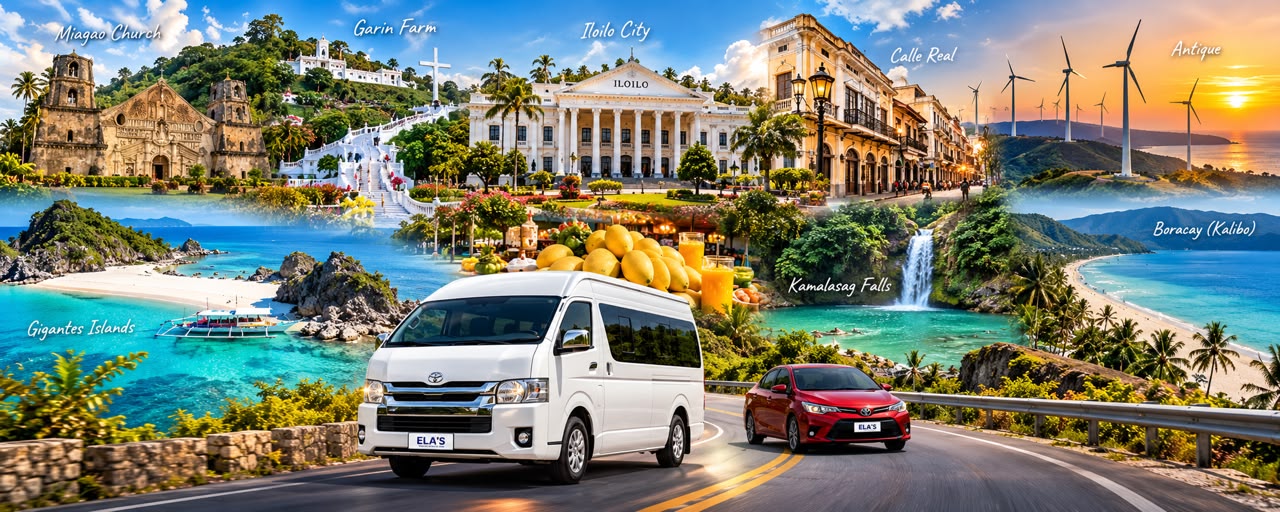 An ELA's van and car on a coastal road with Panay sights behind: Miagao Church, Garin Farm, Iloilo City, Calle Real, Antique, Gigantes Islands, Kamalasag Falls and Boracay