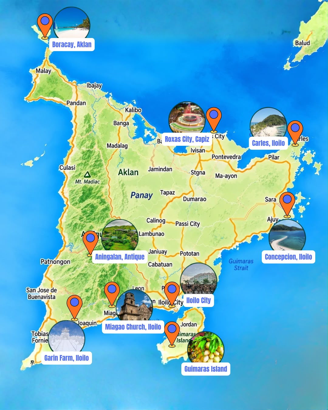 Map of Panay marking Boracay, Roxas City, Carles, Concepcion, Aningalan, Iloilo City, Miagao Church, Garin Farm and Guimaras Island